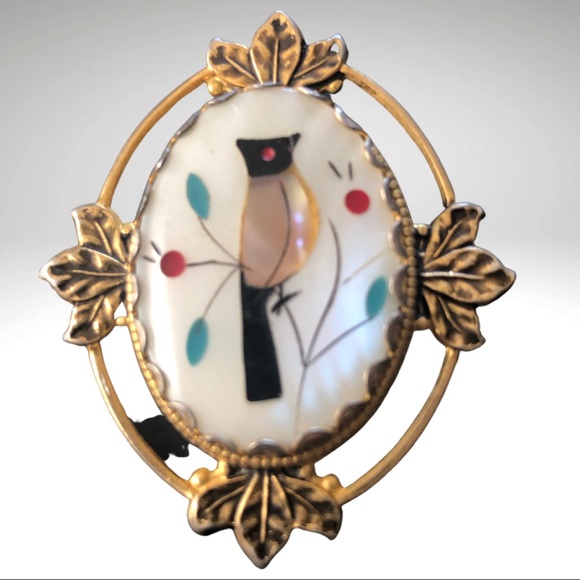Vintage Inlaid Brooch with Cardinal Costume Jewelry - Picture 10 of 10